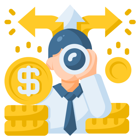 person with a binocular surrounded by yellow coins with dollar signs and yellow arrows