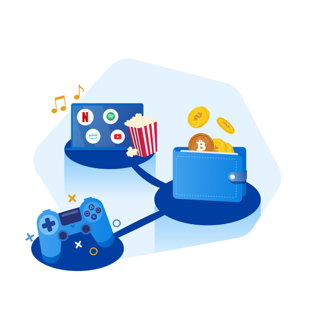 tv with popcorns connecting wallet and gaming controller