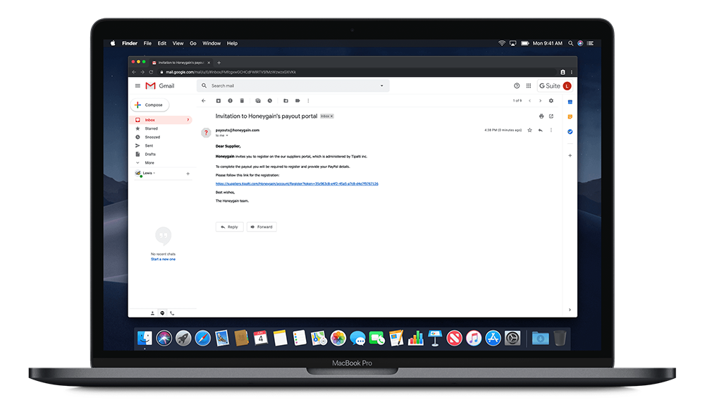 Invitation to Honeygain's payout portal