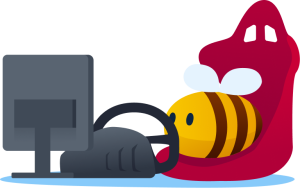 bee playing a game with gaming steering wheel