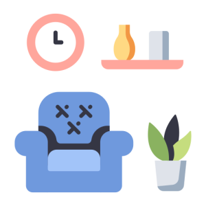 salon avec fauteuil bleu horloge végétale verte et vases