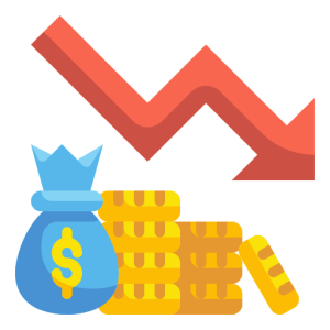 bolsa azul de dinero y un montón de monedas bajo la flecha roja