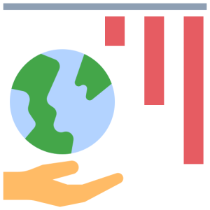 mano sosteniendo un globo terráqueo debajo de gráficos rojos