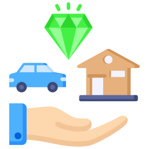 hand holding a house, a car, and a diamond