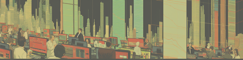 People with laptops looking at stock market screens