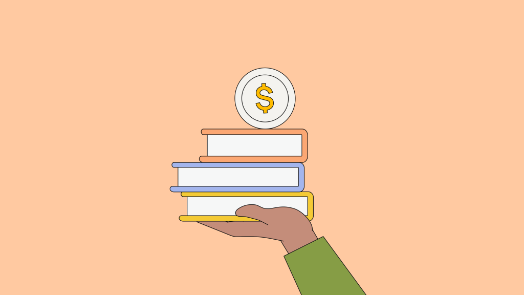 mano sosteniendo libros y una moneda con la marca de un dólar