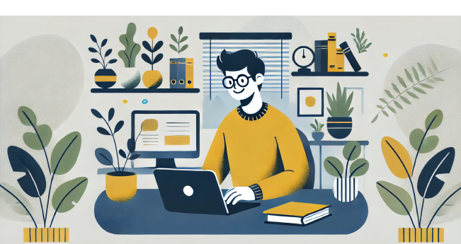 homme assis près du bureau avec un ordinateur portable, derrière lui - armoires avec des plantes et des objets