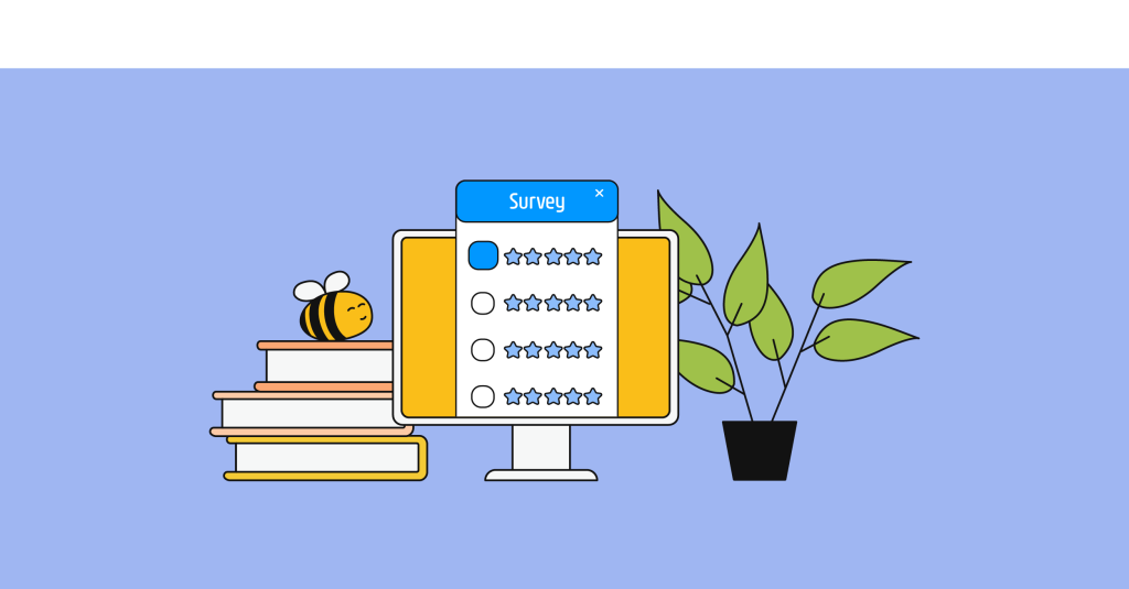 computer monitor with book on the side, bee and plant in the background