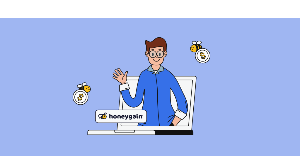young man standing from the laptop screen with honeygain logo